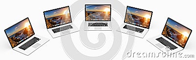 Five modern digital silver and black laptop 3D rendering Stock Photo