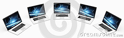 Five modern digital silver and black laptop 3D rendering Stock Photo