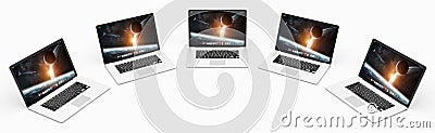 Five modern digital silver and black laptop 3D rendering Stock Photo