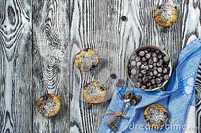 Five muffins with blackcurrant top view, horizontal Stock Photo