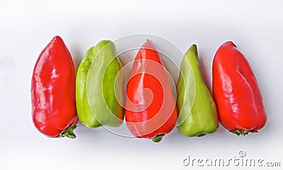 Five multicolored bell peppers isolated Stock Photo