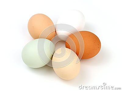 Five Multicolored Organic Free Range Chicken Eggs Stock Photo