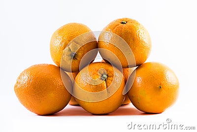 Five nicely colored oranges on a white background - front and back next to each other Stock Photo