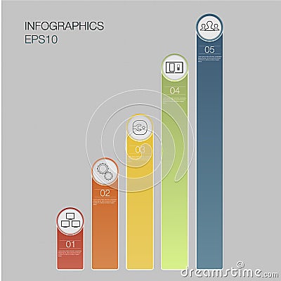Five number banners, business graph, color data columns with 5 options, web design. Vector Illustration
