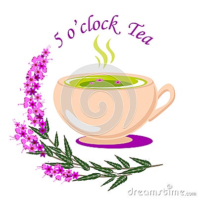 Five o clock tea vector illustration with a cup of tea and some heather plants Vector Illustration