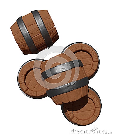 Five old barrels of low poly models for the game top view isolated white 3d render Stock Photo