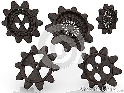 Five,old rusty gears on white background Stock Photo