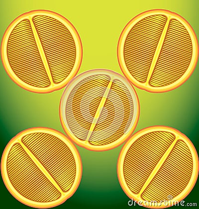 Five oranges a longitudinal section on a green background Stock Photo