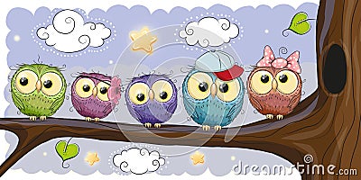 Five Owls is sitting on a brunch Vector Illustration