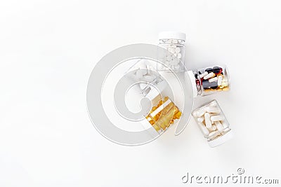 Five packs with various pills on a white background. Health concept. Top view Stock Photo