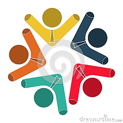 Five people in a circle holding hands.The summit workers are meeting in the same power room. Vector Illustration