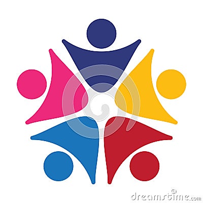 Five people heart in a circle holding hands.The summit workers are meeting in the same power room. Vector Illustration