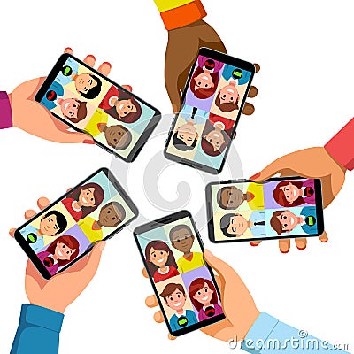 Five people talking on video conference phone call Vector Illustration