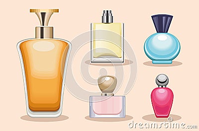 five perfumes bottles icons Vector Illustration