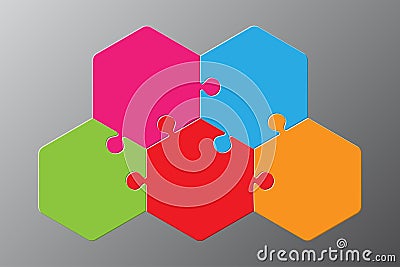 Five Piece Puzzle Hexagon Diagram. Puzzle 3 Step. Vector Illustration