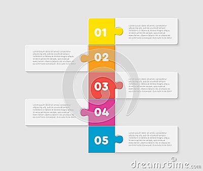 Five pieces jigsaw puzzle squares line infographic Vector Illustration