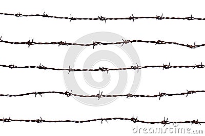 Five pieces of rusty barbed wire isolated on white background. Stock Photo