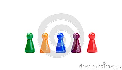 Five plastic toys - playing pieces with different colors as diverse team standing in a row, isolated on white background Stock Photo