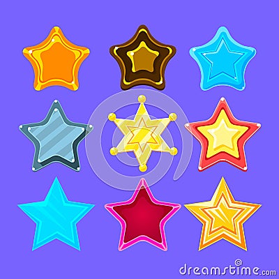 Five-Point Colorful Cartoon Star Collection For Flash Video Game Rewards , Bonuses And Stickers Vector Illustration