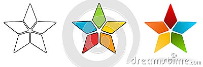 Five pointed star, spaces between slightly rounded segments. Black white and colour or 3d effect version Vector Illustration