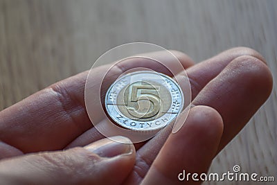 Five Polish zÅ‚otych coin Stock Photo