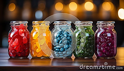 Five preserving jars on kitchen cupboard with assortment of colorful candy. Concept of sweets, choice, selection Stock Photo