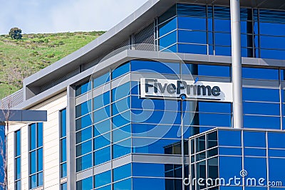 Five Prime Therapeutics sign at biopharmaceutical company headquarters in Silicon Valley Editorial Stock Photo