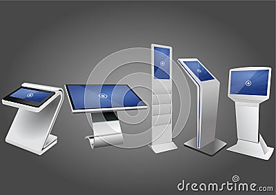 Five Promotional Interactive Information Kiosk, Advertising Display, Terminal Stand, Touch Screen Display. Vector Illustration