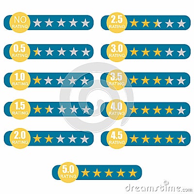 Five rating star. Customer review, rating, quality and level concept. A set of strips with golden stars Vector Illustration