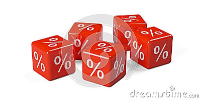 Five red cubes or dice with percent sign symbol on white background, sale, discount or sales price reduction concept Cartoon Illustration