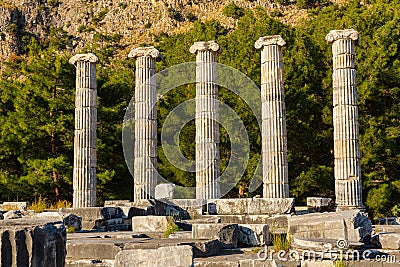 Columns on ruins of ancient Temple of Athena in Priene, Turkey Stock Photo