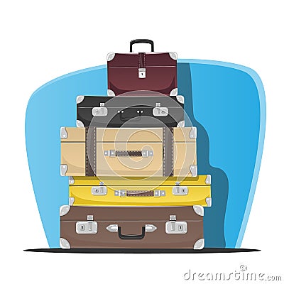 Five retro suitcases standing on top of each other. Vector Illustration