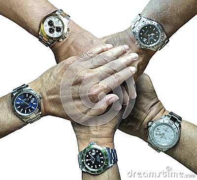 Five rolex sports watches in five hands Editorial Stock Photo