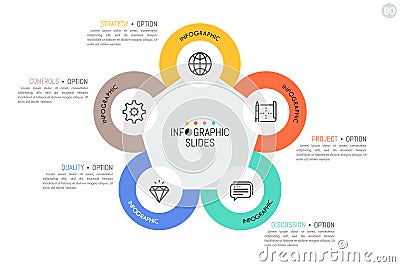 Five round elements with linear symbols inside located around pentagon. Main features of strategic management model Vector Illustration