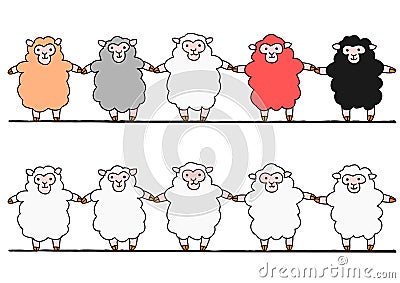 Five sheep hand in hand Vector Illustration