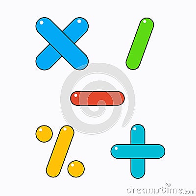 five signs of mathematics. Plus, minus, divide, percentage, multiplication Vector Illustration