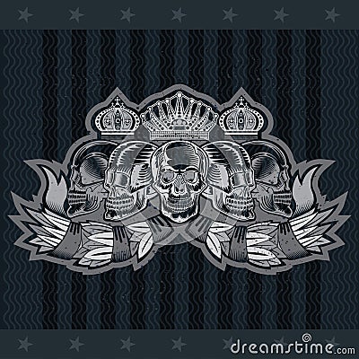 Five skulls different view with crowns on laurel wreath. Heraldic vintage label on black Vector Illustration