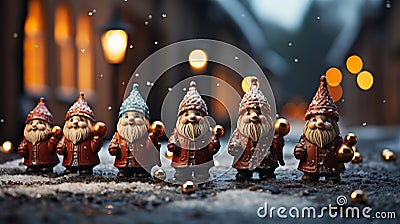 Five Small Gnomes Standing in a Row for the Holiday Vibe Stock Photo