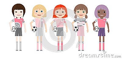 Five soccer player girls with diverse ethnicity Vector Illustration