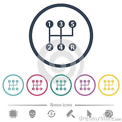 Five speed manual gear shift flat color icons in round outlines Vector Illustration