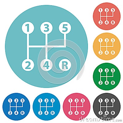 Five speed manual gear shift flat round icons Vector Illustration