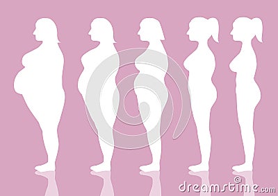 Five stages of silhouette woman on the way to lose weight,Vector illustrations Vector Illustration