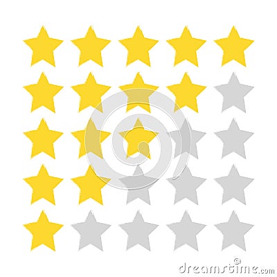 Five-star rating. Gold and gray stars painted with a rough brush. Vector Illustration