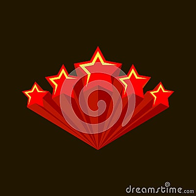 Five stars raiting. Burst of five red stars with straight flying trails. Zoom in. Fireworks logo. Vector Illustration