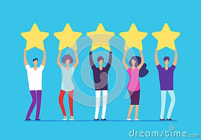 Five stars rating concept. Positive customer review feedback. People with gold stars in hands. Business vector Vector Illustration