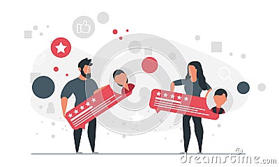 Five stars rating is received by people from their buyers. Man and woman received positive feedback from consumers concept vector Vector Illustration