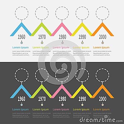 Five step Timeline Infographic set. Dash line round circle. Colorful triangle corner roof shape segment. Template. Flat design. Bl Vector Illustration