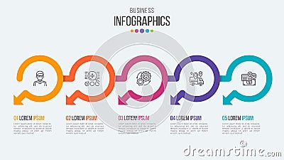 Five steps timeline infographic template with circular arrows. Vector Illustration