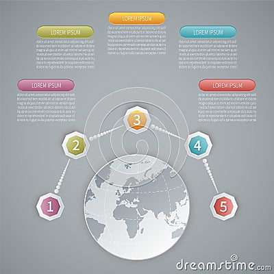 Five steps vector 3D infographic template with world map Vector Illustration