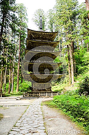 Five Storied Pagoda in Mt. Haguro, Yamagata, Japan Stock Photo